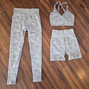 EUC AYBL Seamless Grey Camo Legging, Sports Bra & Shorts Set